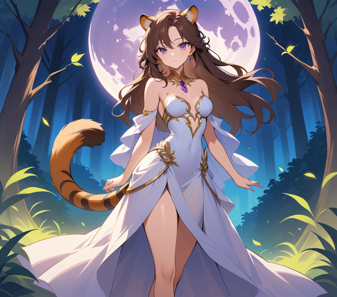 Elegante donna con orecchie di tigre in una mistica foresta al chiaro di luna