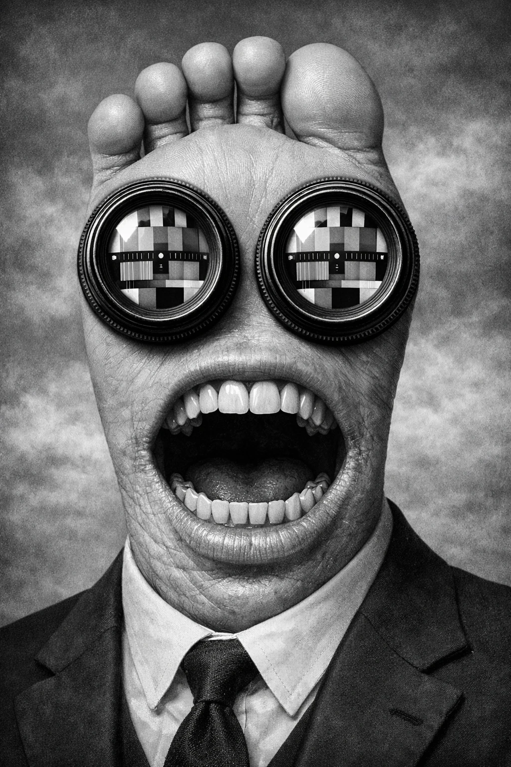 Retrato Surrealista de Cara-Pie con Ojos de Lente de Cámara