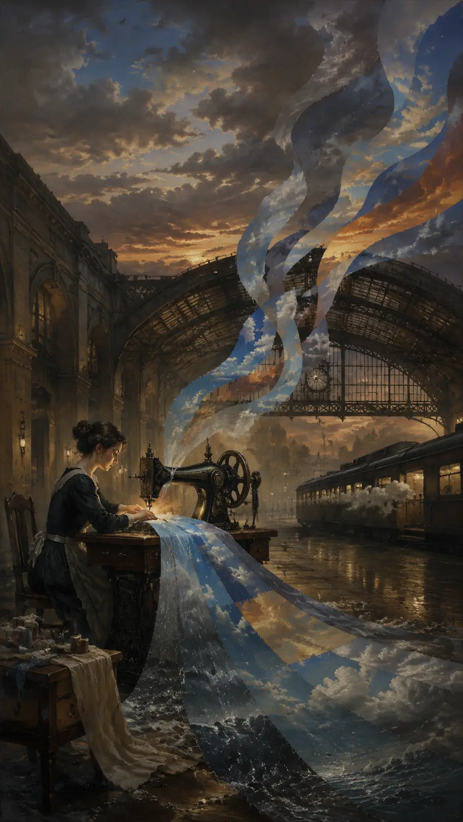 在空無一人的車站縫補變換天空的女人