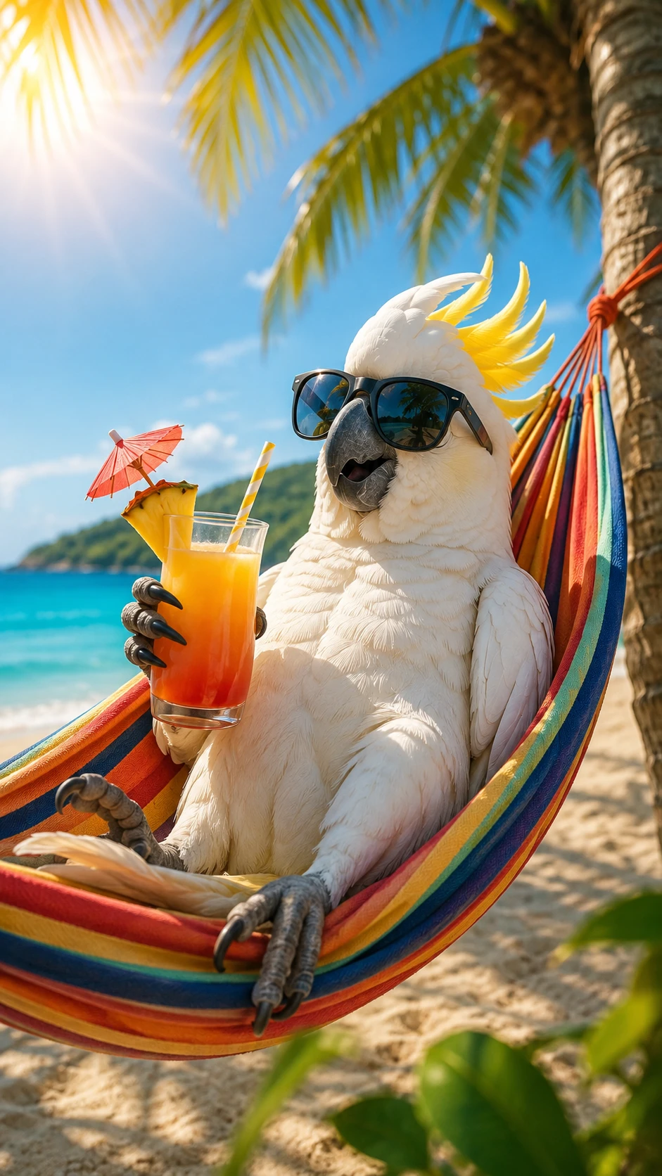 Entspannter Kakadu in einer Hängematte mit Sommerdrink