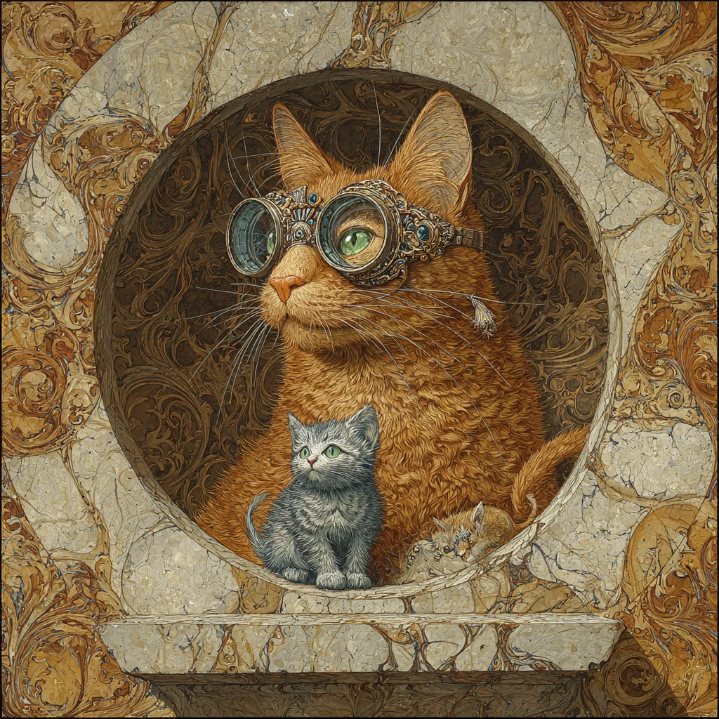 Retrato de Gato Ruivo em Moldura Circular Ornamentada com Filhote