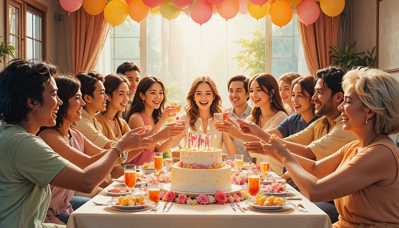 Des amis de tous horizons réunis autour d’une table d’anniversaire chaleureuse