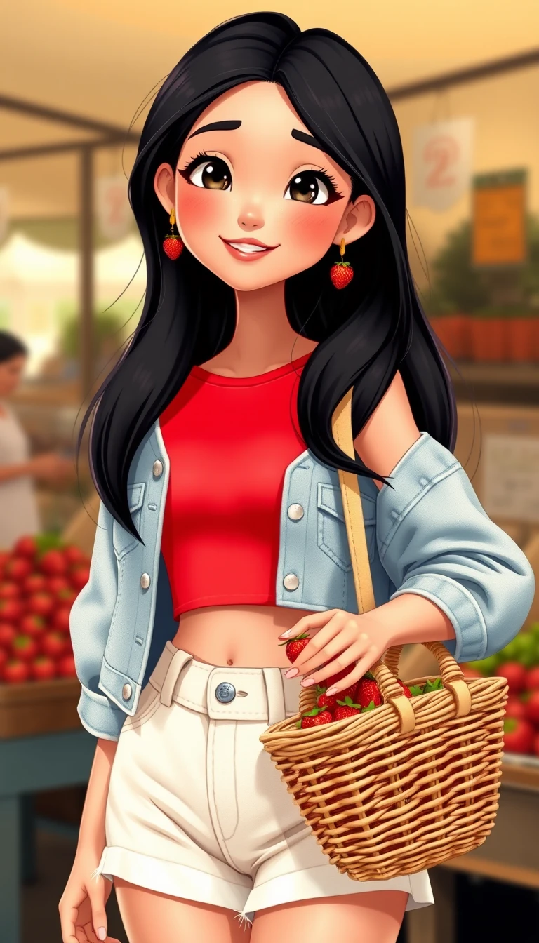Smiling woman with strawberries at a sunny summer market