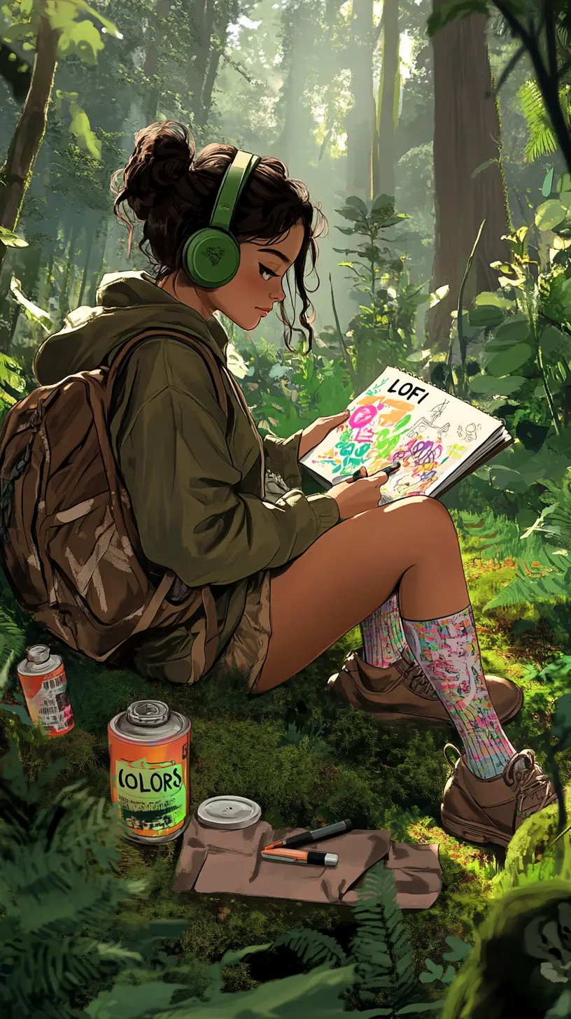陽光灑落苔蘚森林空地中塗鴉素描的女孩