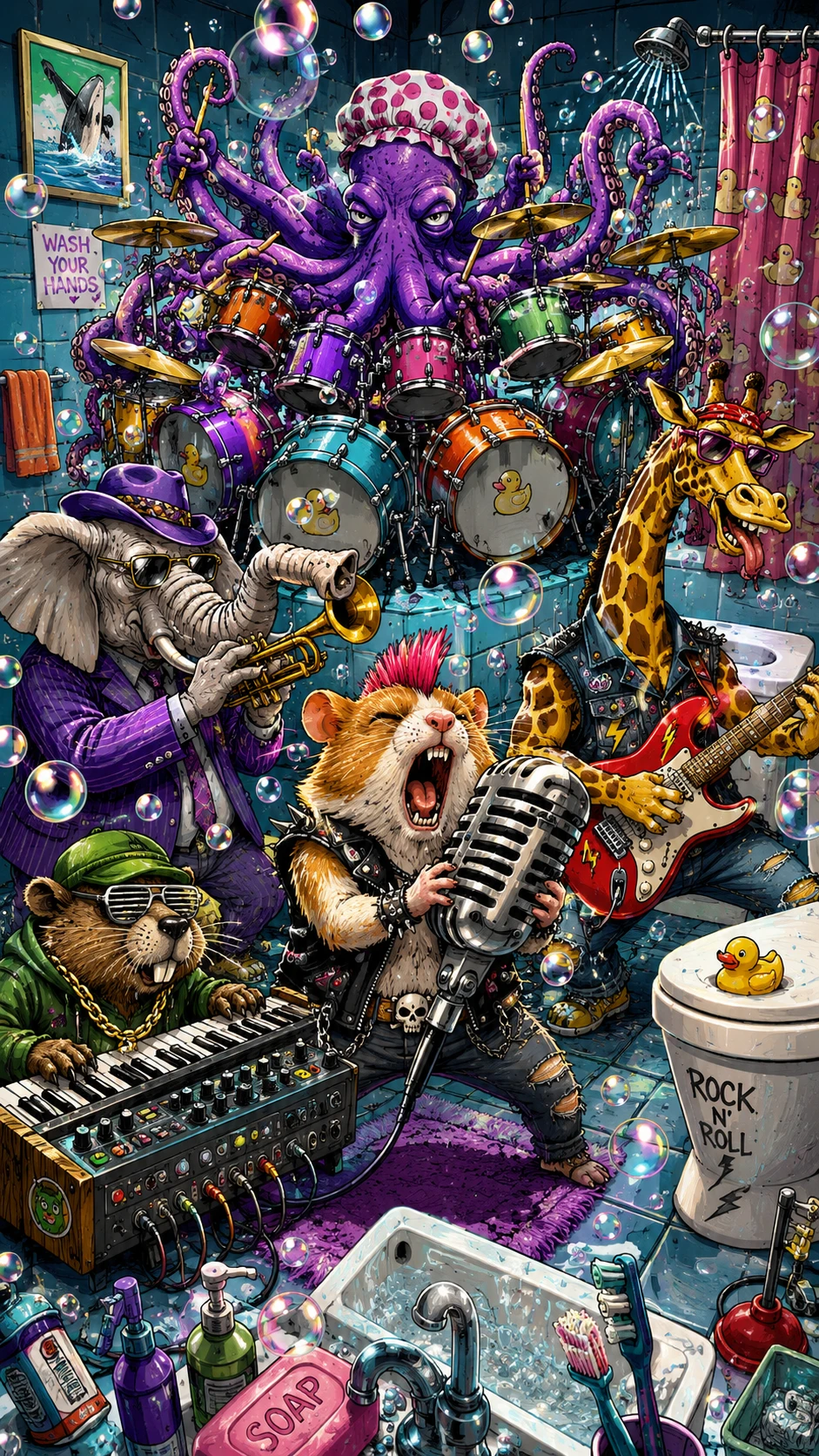 Band rock di animali cartoon che si esibisce in un bagno caotico