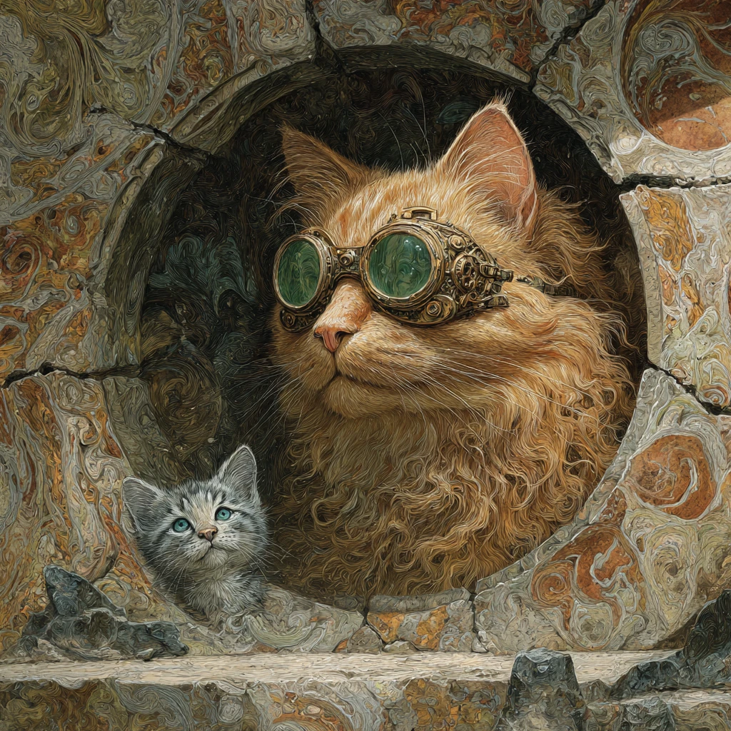 Portrait de chat roux dans un cadre circulaire orné avec chaton