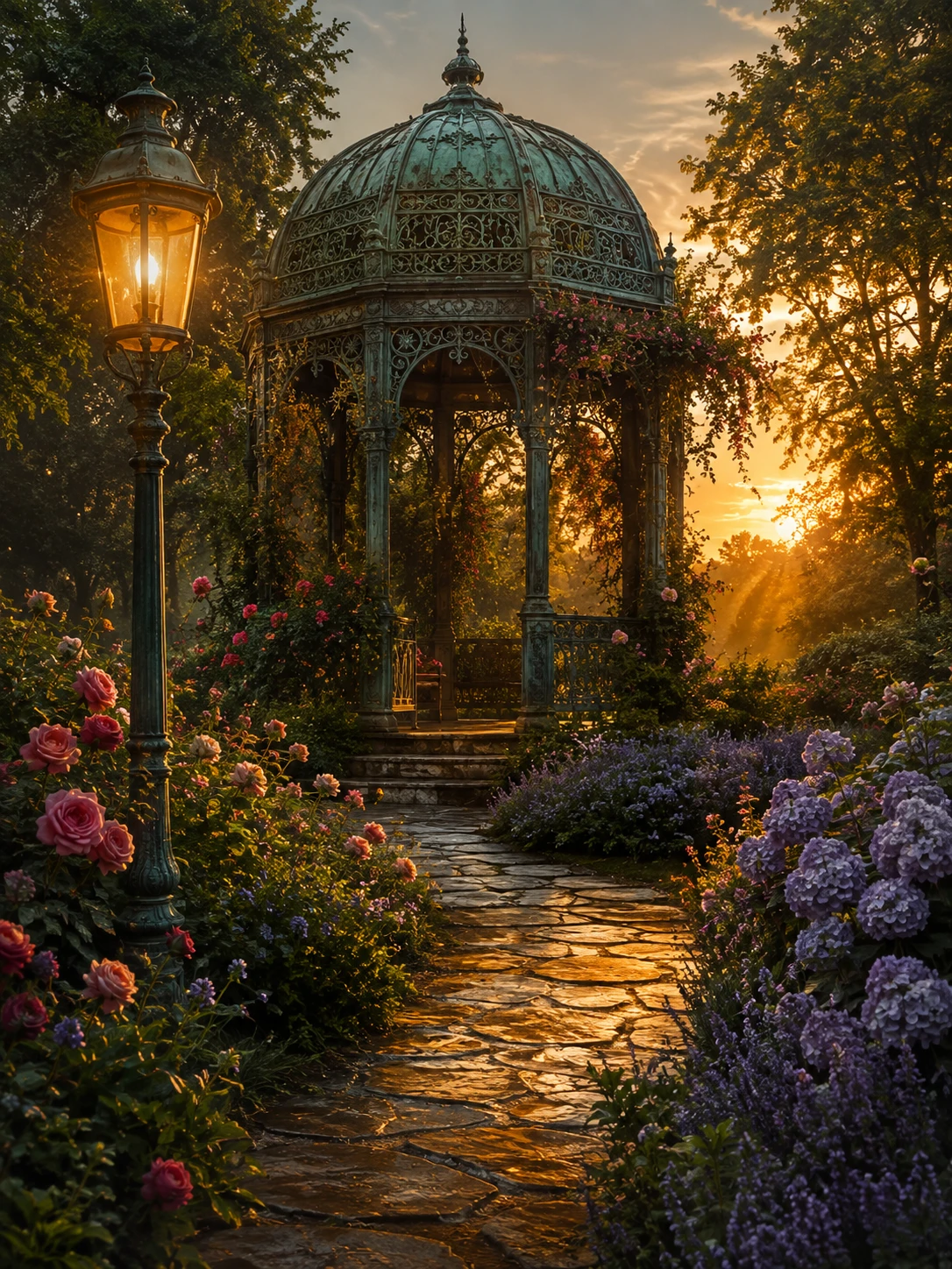 Gazebo de jardim de cobre ao pôr do sol com poste de luz brilhando
