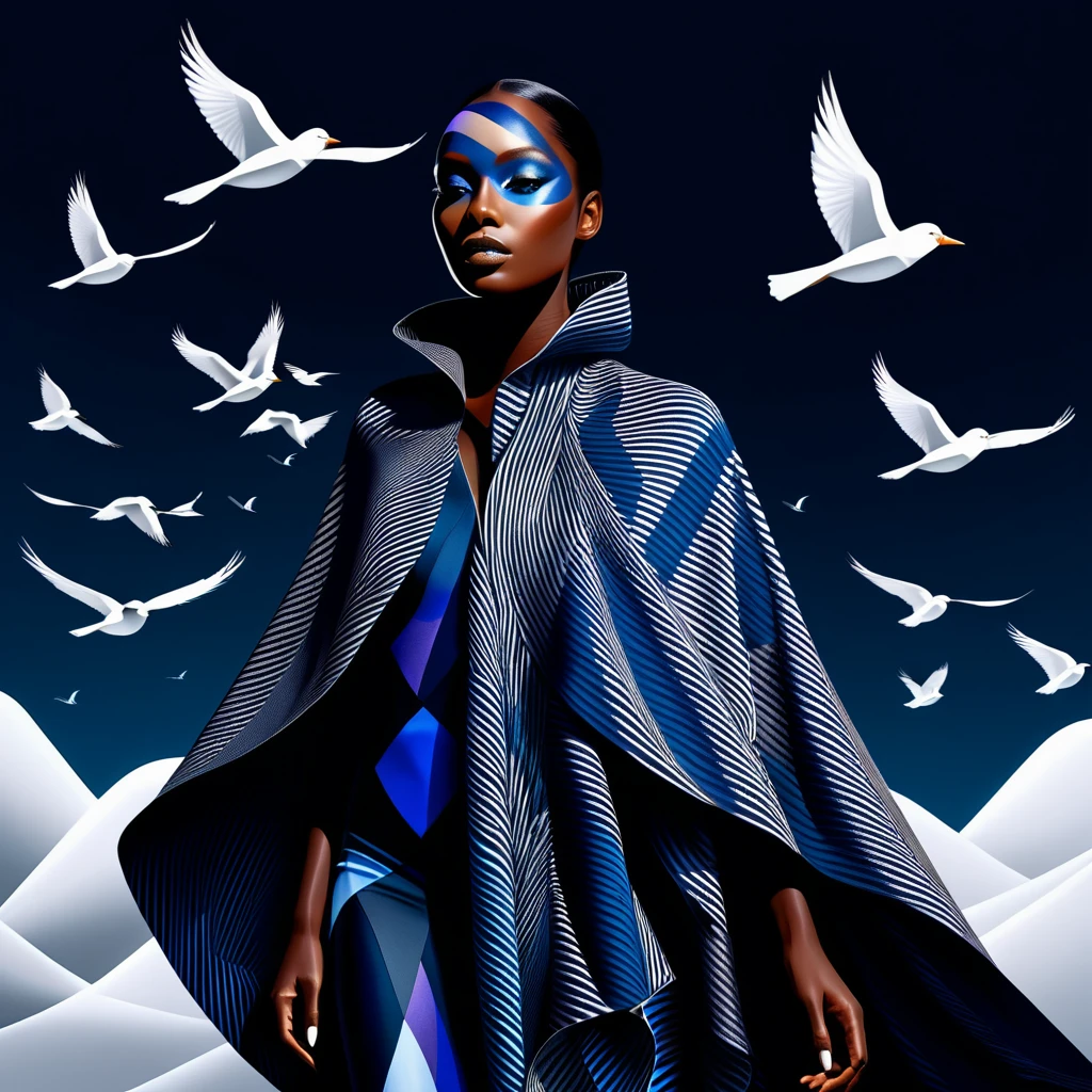 Mulher surreal em capa dissolvente com pássaros geométricos