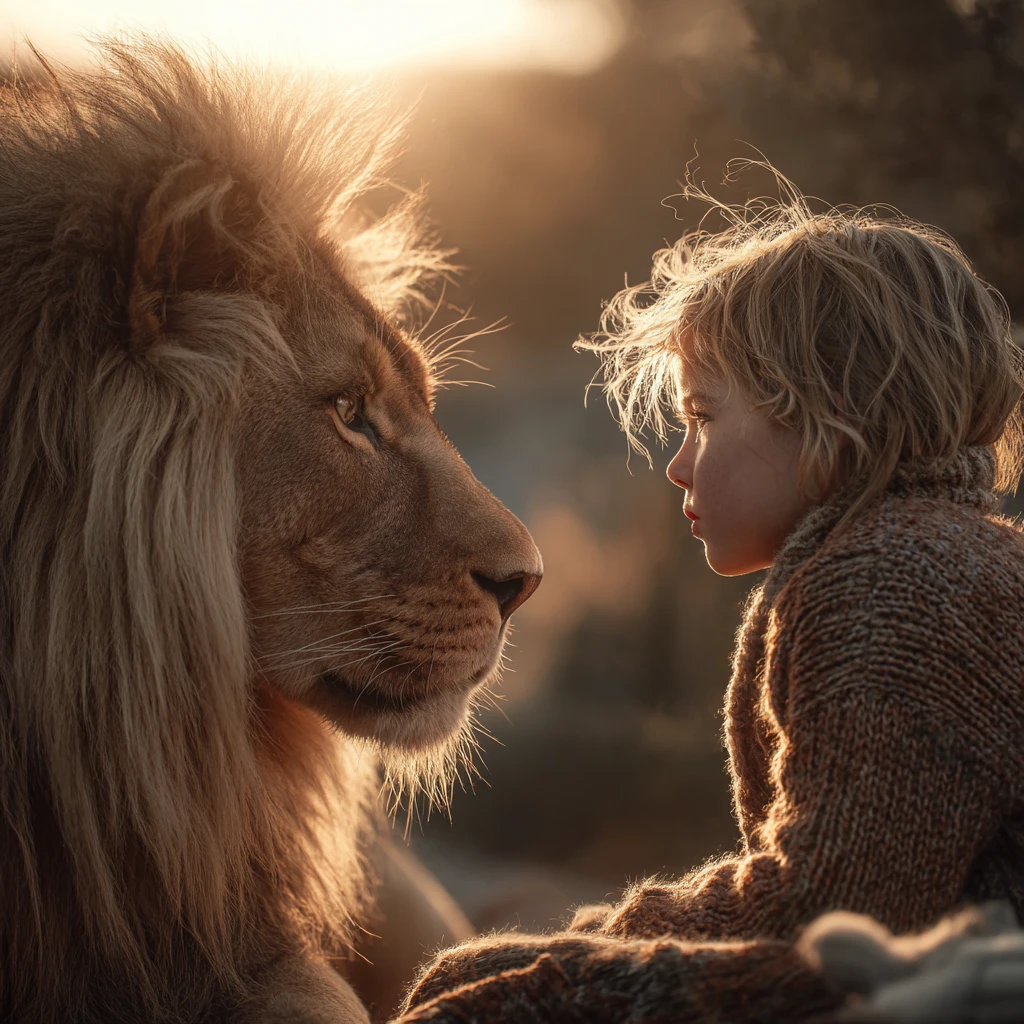Enfant et lion partageant un regard silencieux au coucher du soleil
