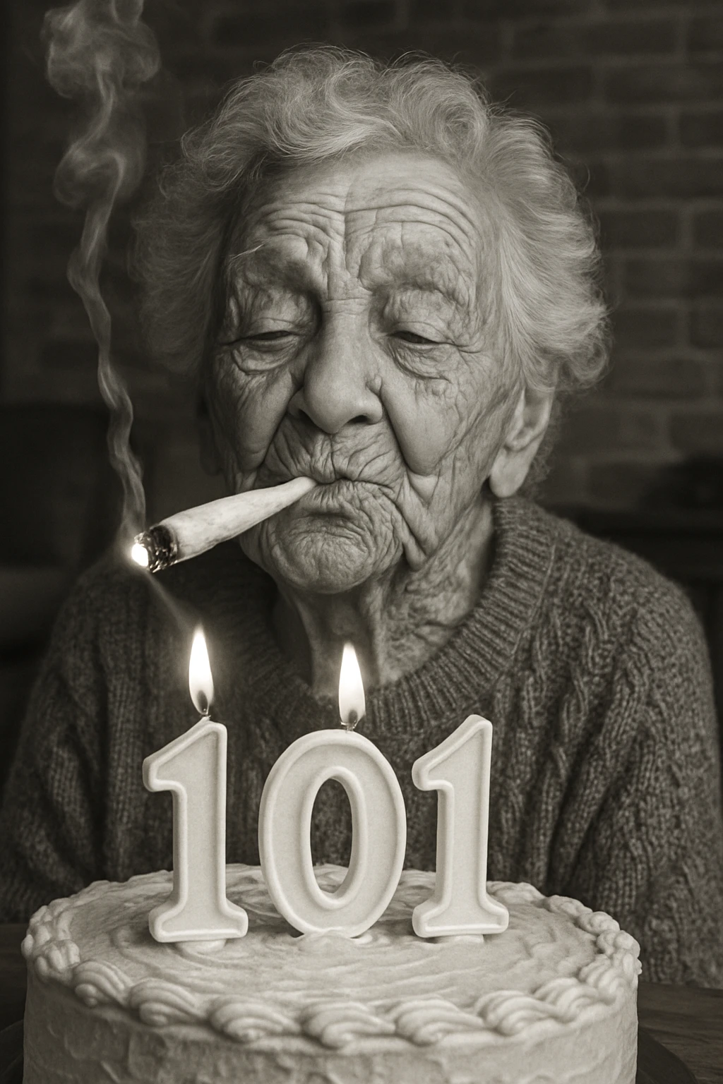 Anciana sonriente enciende un porro con las velas de su pastel de cumpleaños