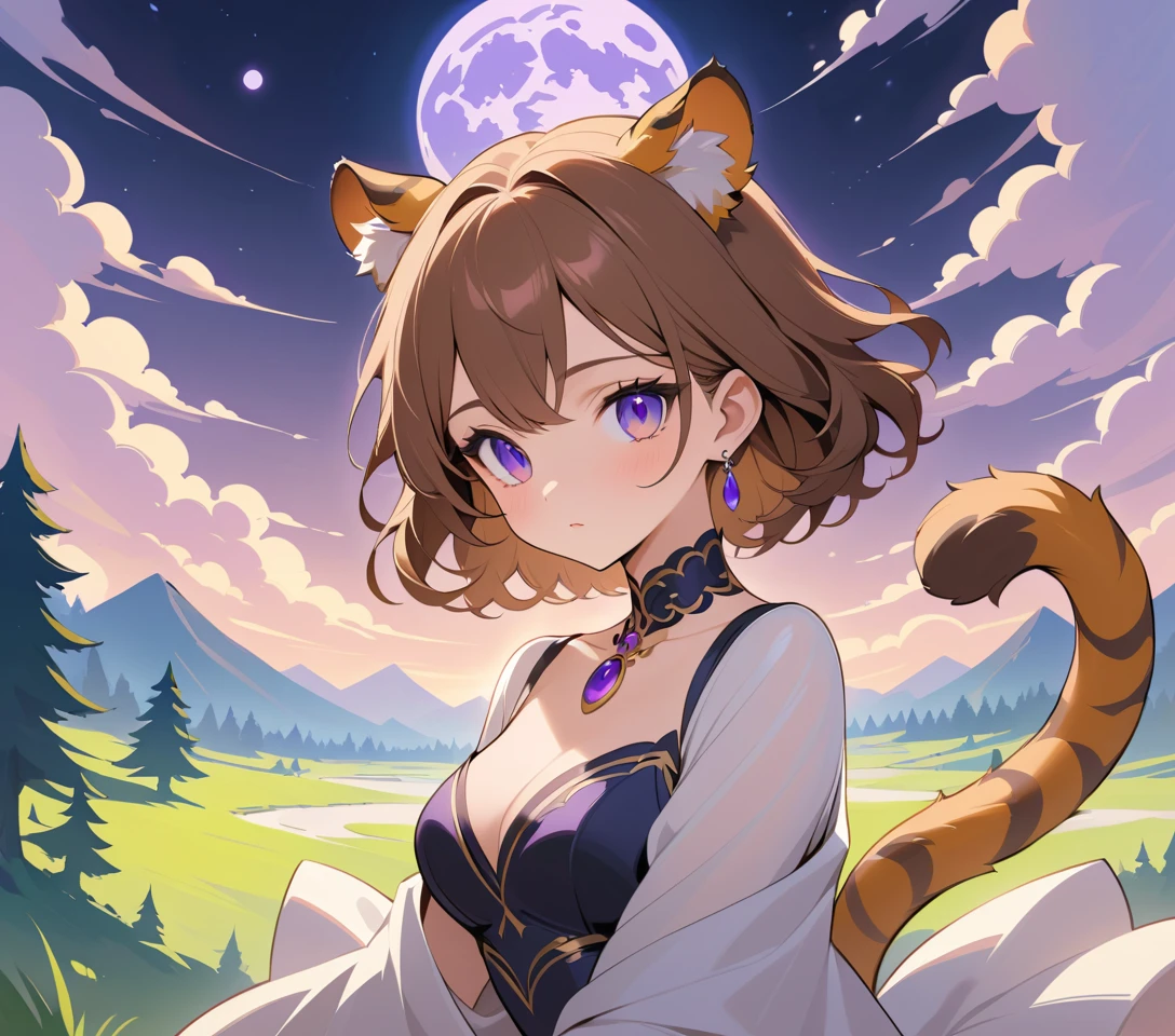 Elegante Tigerfrau mit violetten Augen im verträumten Wald