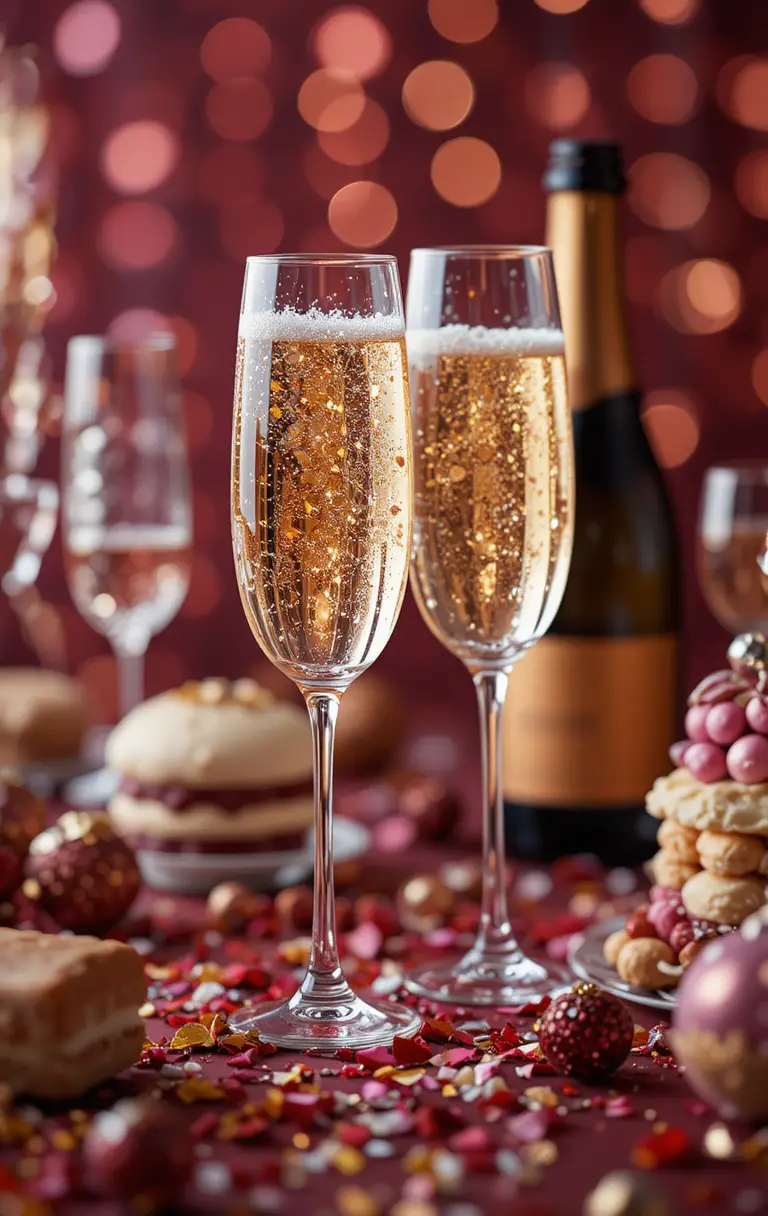Dos copas de champán en una mesa festiva con confeti