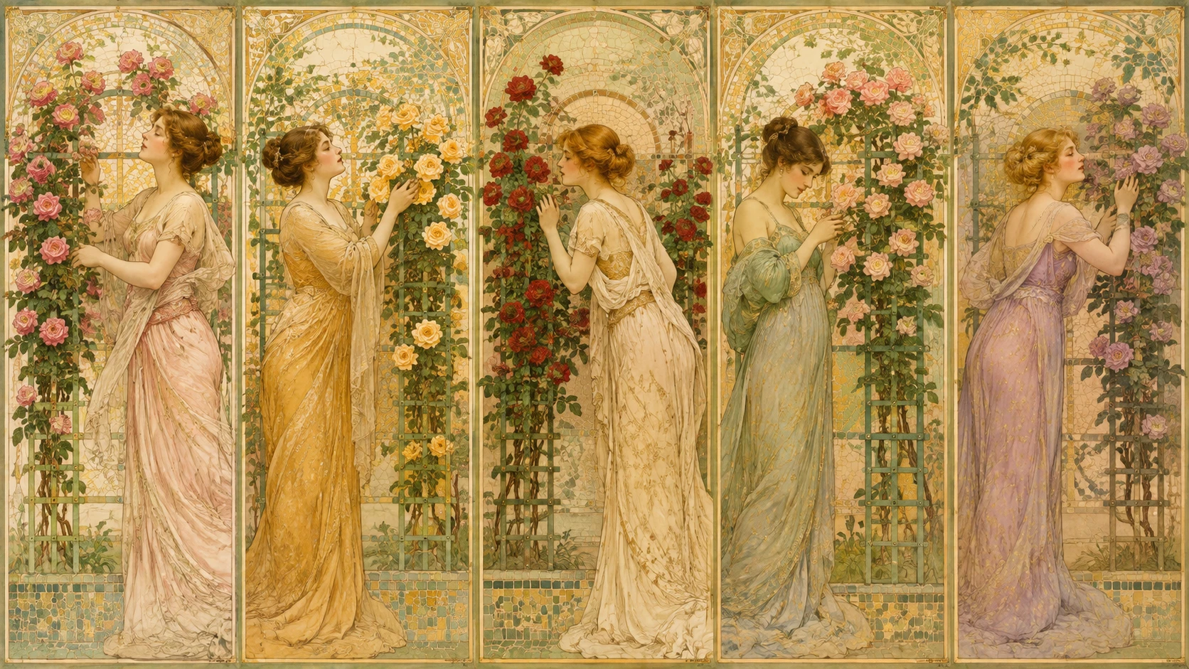 Cinco painéis florais com mulheres elegantes em molduras decorativas