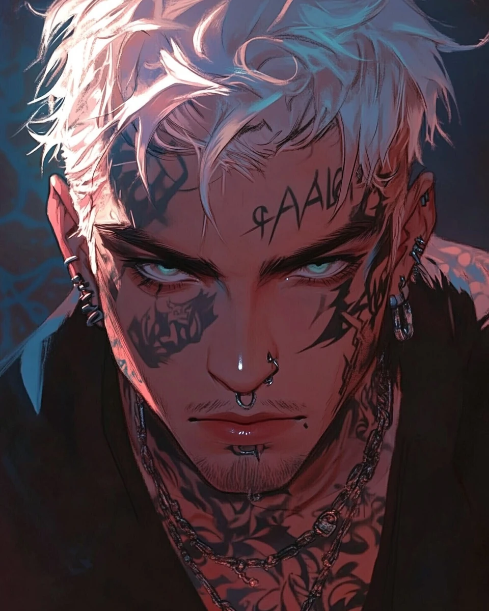 Anime-Nahaufnahme eines Mannes mit markantem Gesichtstattoo