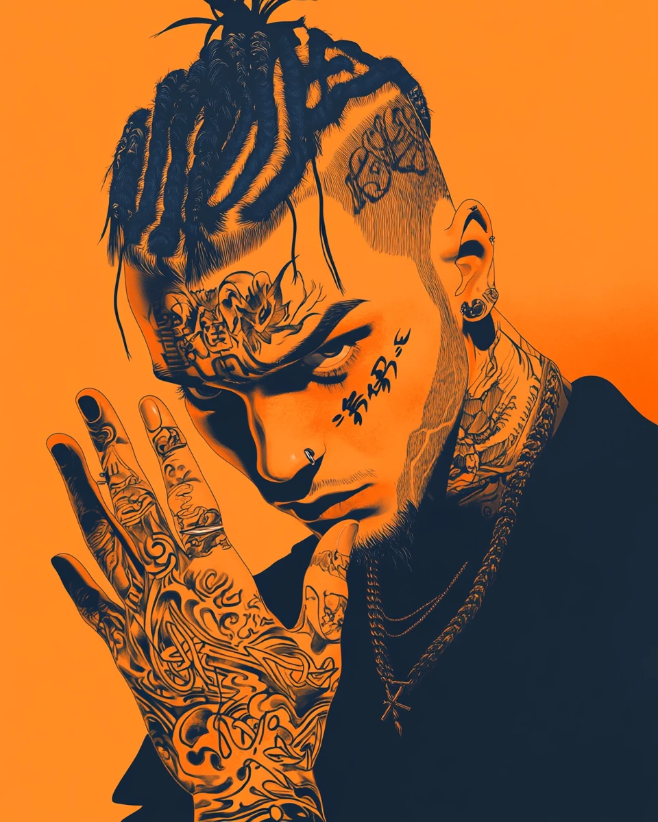 Retrato en primer plano estilo anime de hombre tatuado con fondo naranja