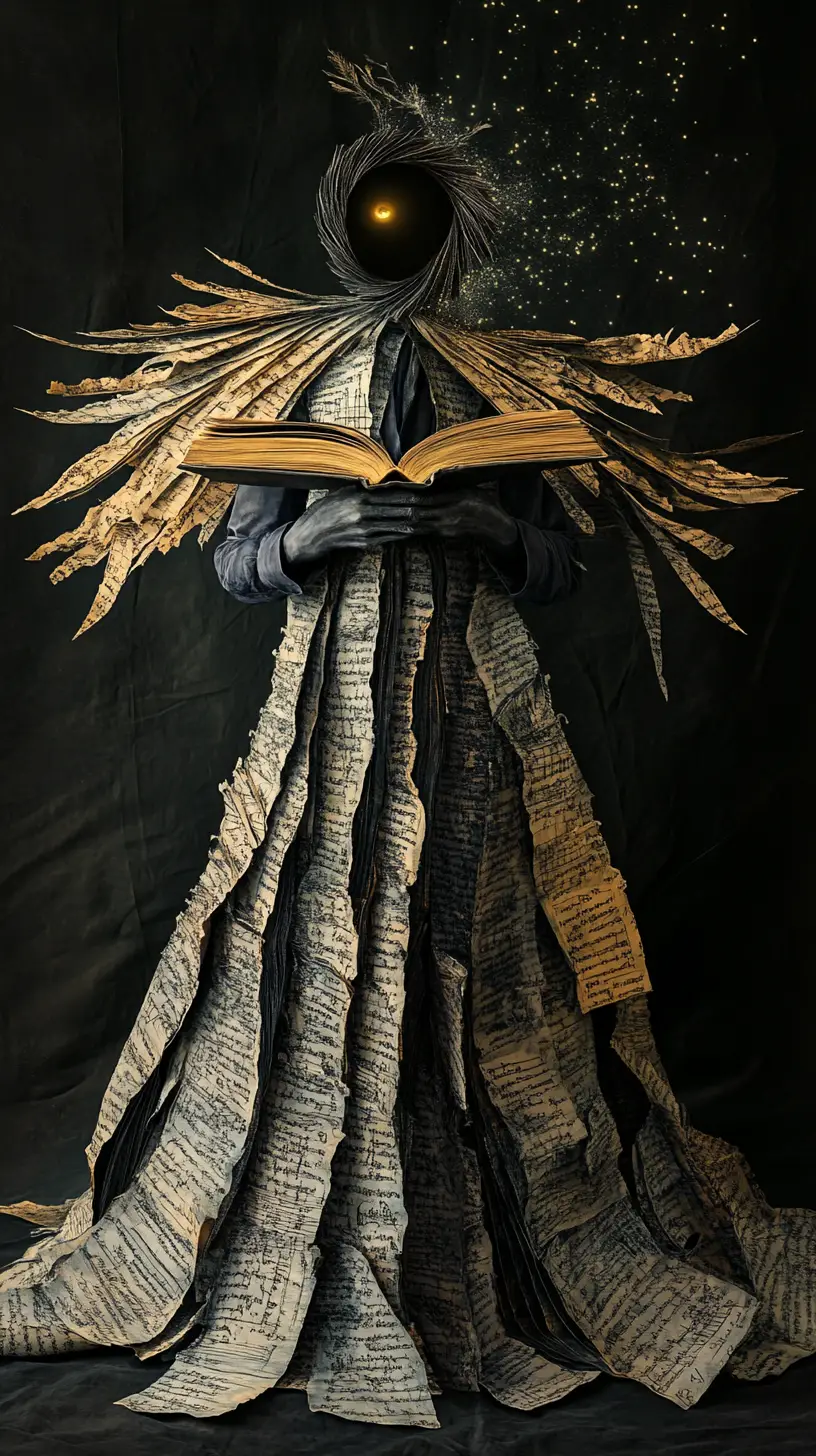 Supernatural librarian in a robe of flowing calligraphy