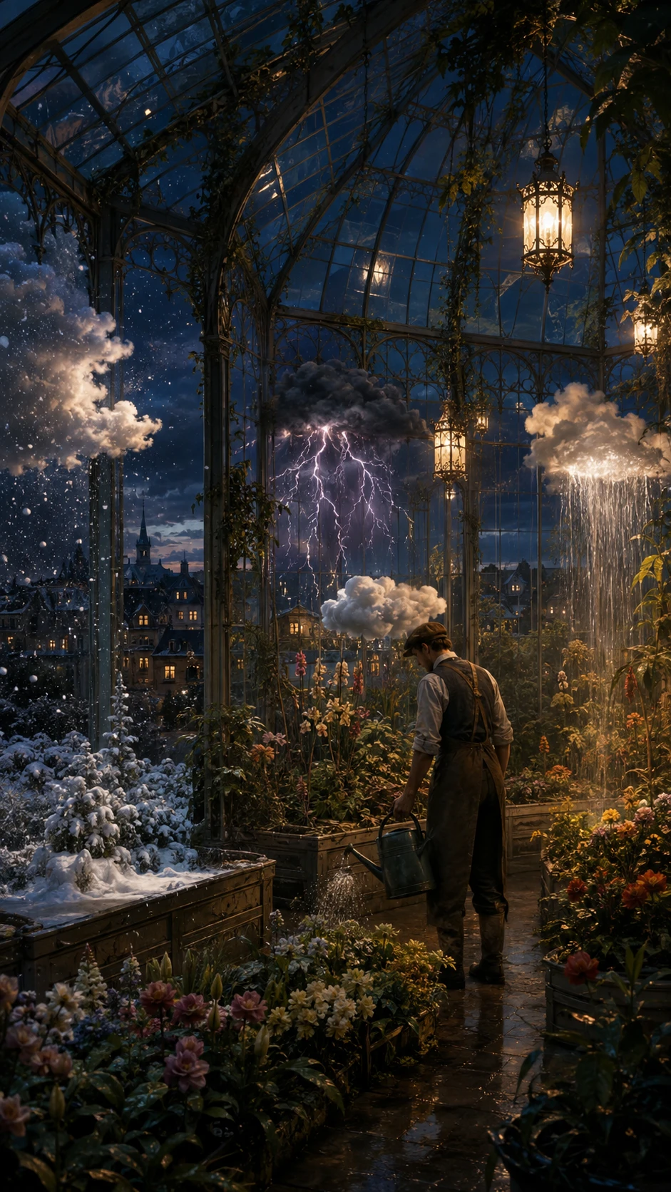 Invernadero Victoriano con Clima Surreal y Jardinero Silencioso