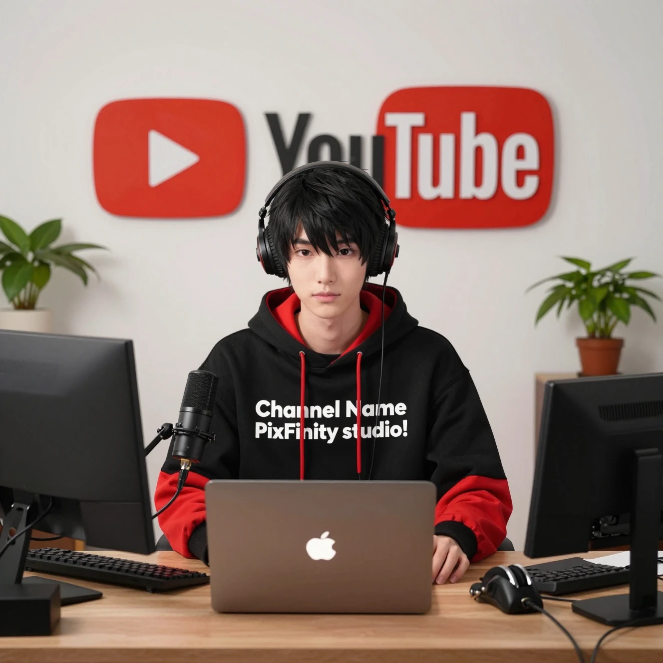 在桌前直播、以 YouTube 為背景的動漫男孩