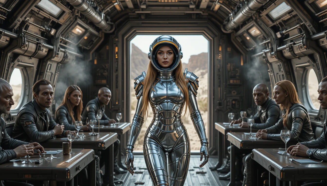 Astronauta feminina confiante entrando no interior rústico de uma nave espacial