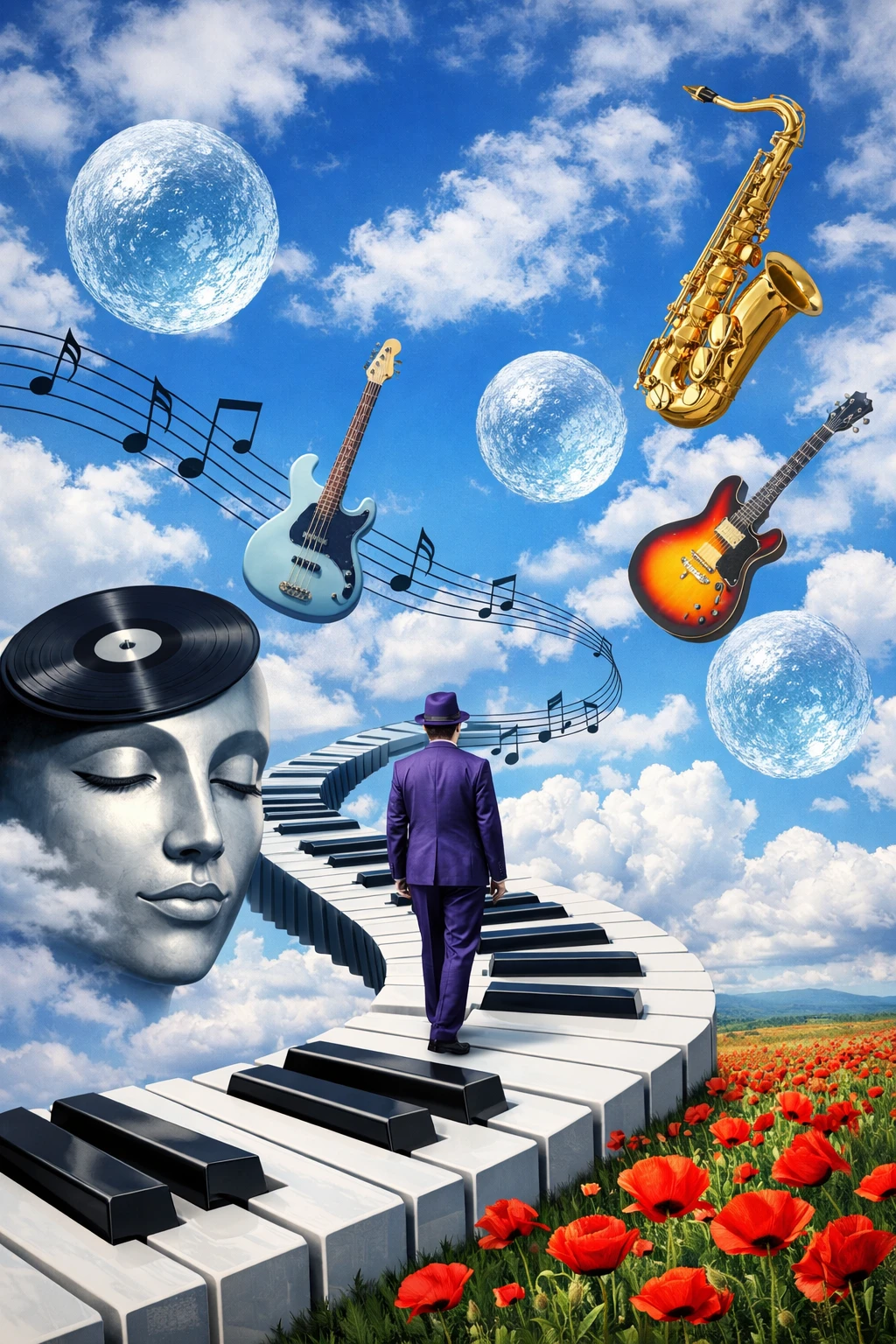 Surrealer Klavierpfad durch einen hellen Himmel voller Musik