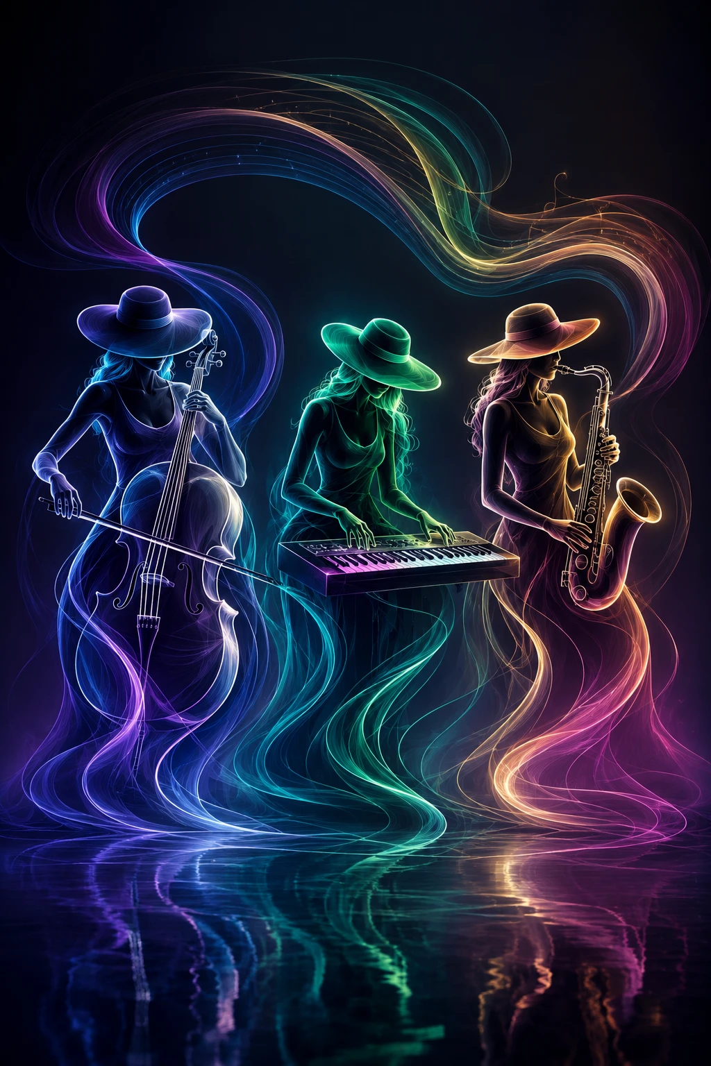 Trio feminino abstrato em neon envolto em luz fluida