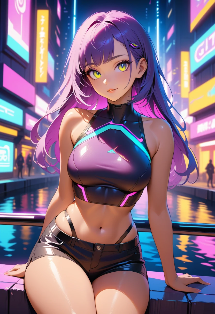 Mulher cyberpunk de cabelo roxo à beira de um rio futurista