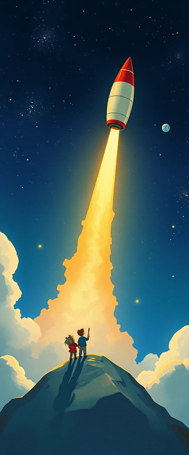 Raketenstart von der Erde in einer verspielten Aquarell-Weltraumszene