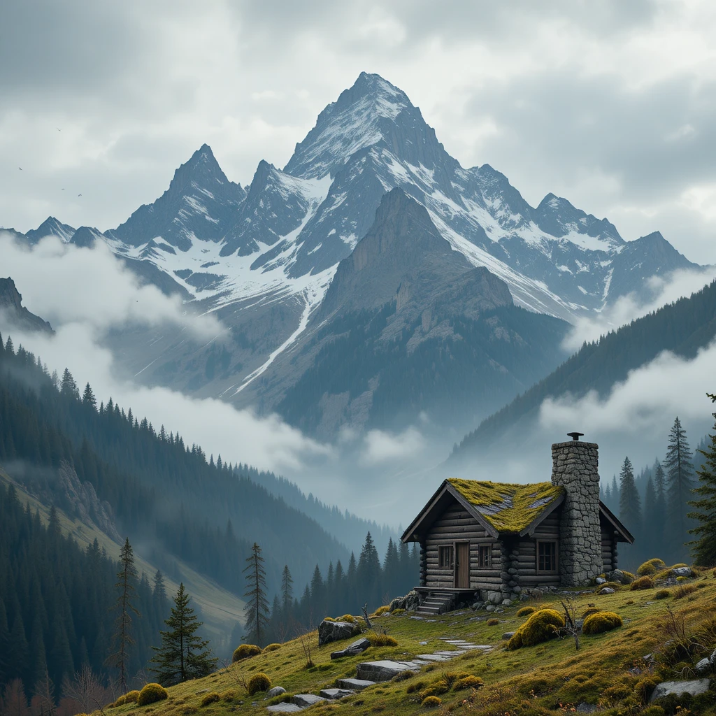 Gemütliche Berghütte auf nebligen, bewaldeten Gipfeln