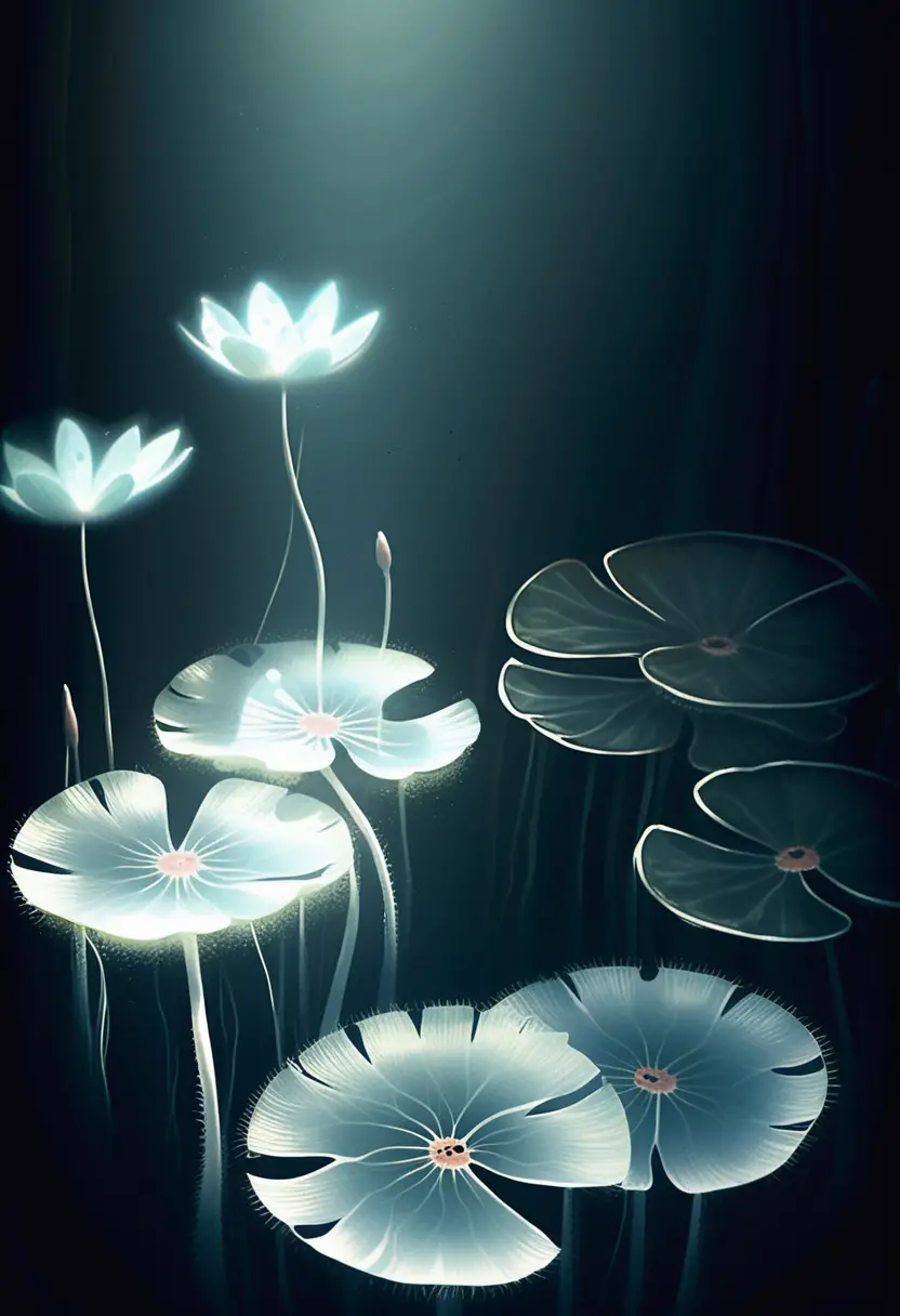 水下視角：發光魚群與巨大神秘睡蓮葉