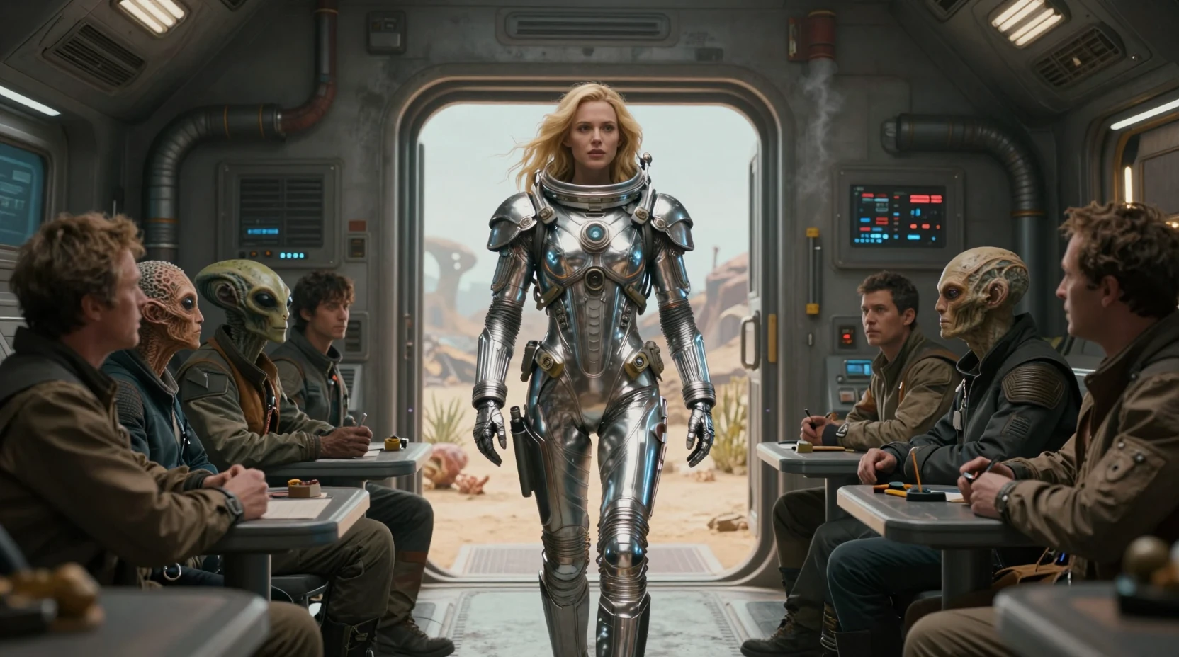 Astronauta feminina confiante entrando em um salão rústico de nave espacial