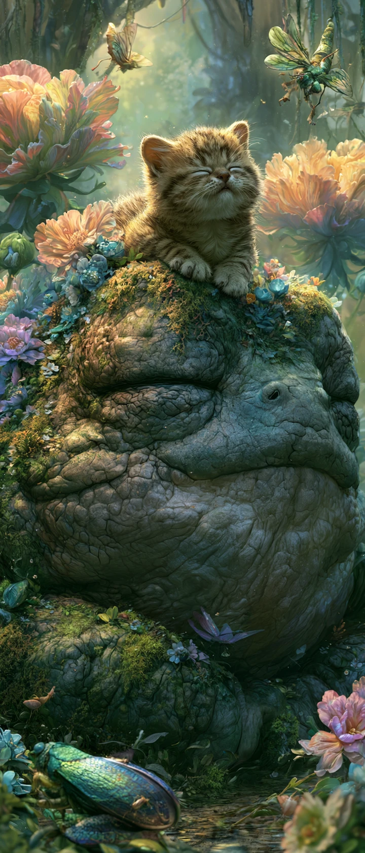 Minúsculo gatinho sobre um sapo coberto de musgo em uma selva encantada
