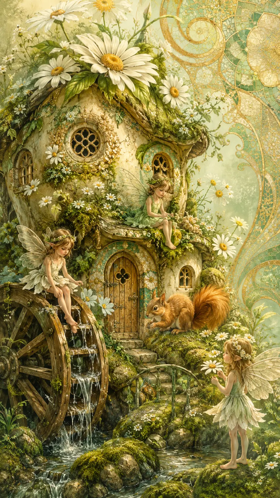 Primo piano di giardino fantasy con casette di fiori in fiore e scoiattolo