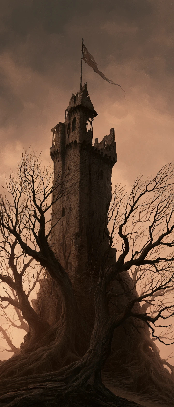 Castelo de pedra solitário sob um céu tempestuoso de dark fantasy