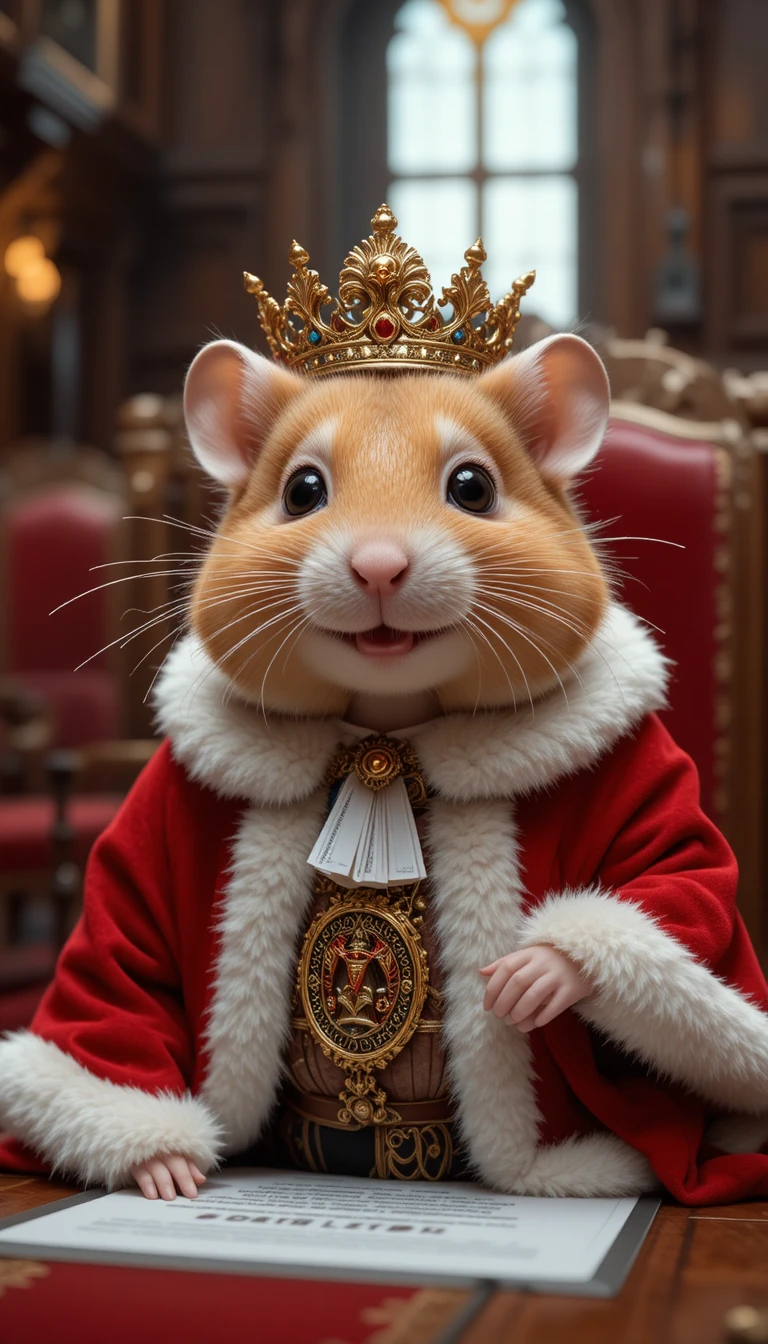Hamster royal en robe rouge d’hermine dans une grande salle