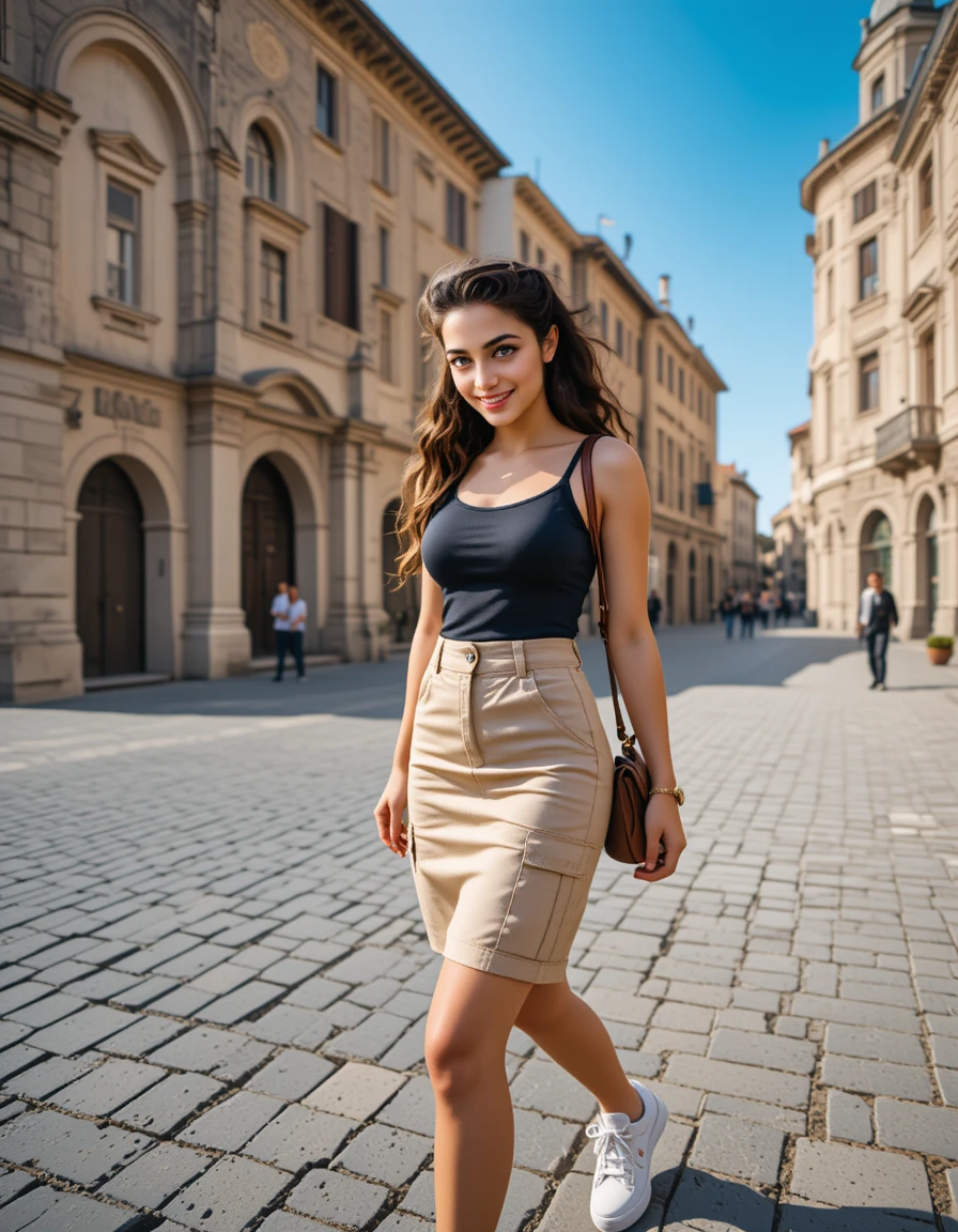 笑顔の若い女性が歴史あるイタリアの広場を歩く
