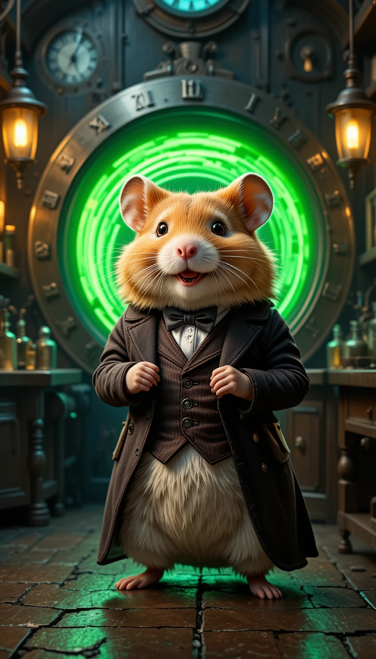Hamster scientifique victorien dans un laboratoire de machine à voyager dans le temps lumineux