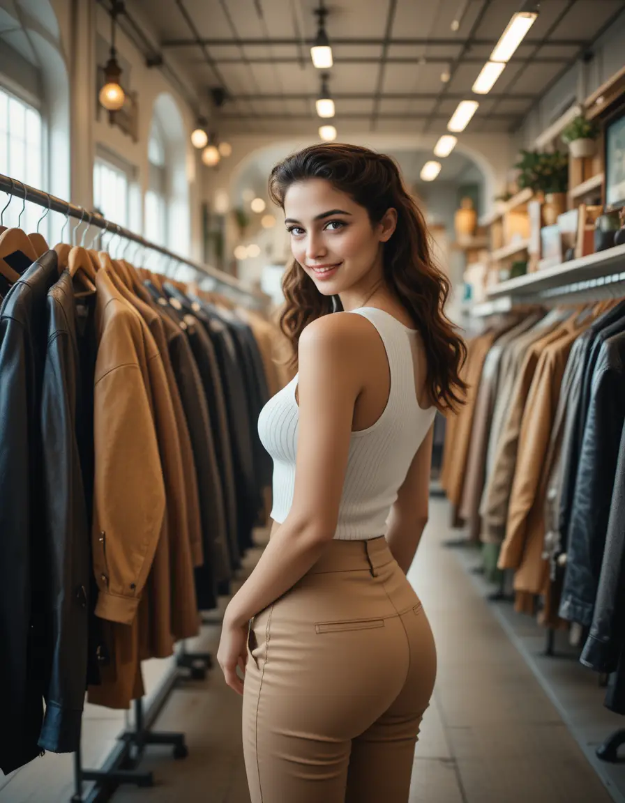 Woman browsing leather jackets in bright vintage boutique