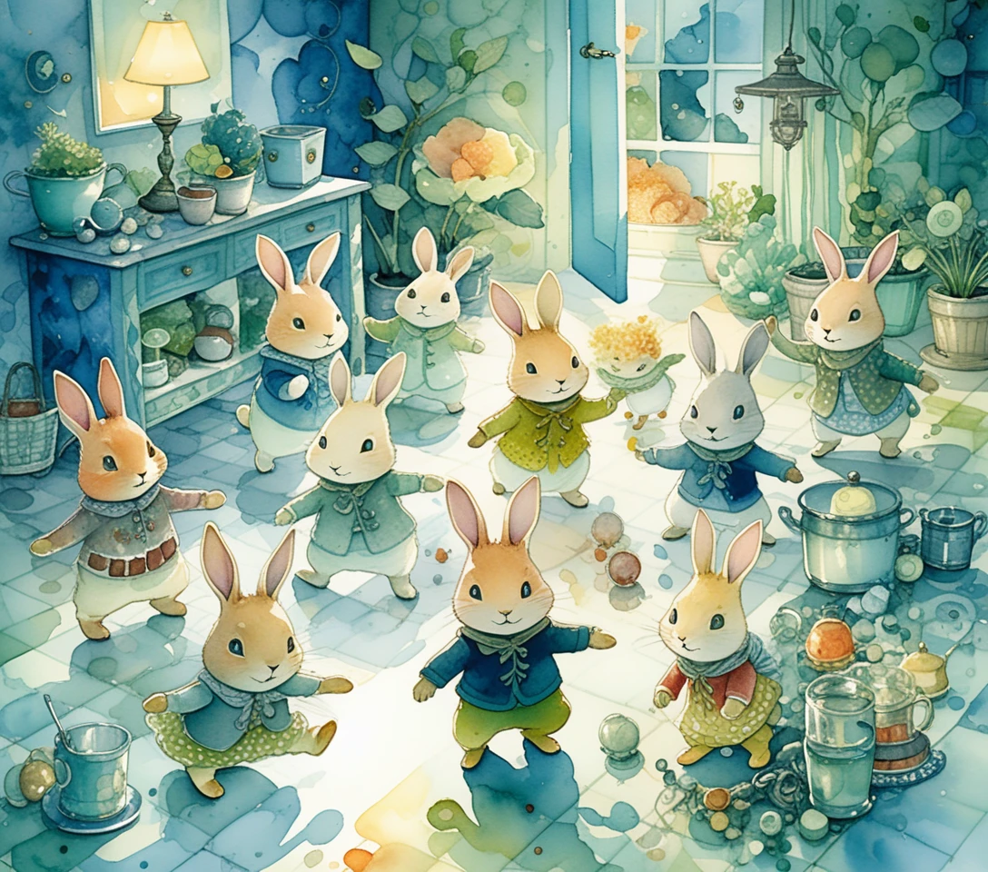 Coelhinhos alegres dançando em um aconchegante quarto interno