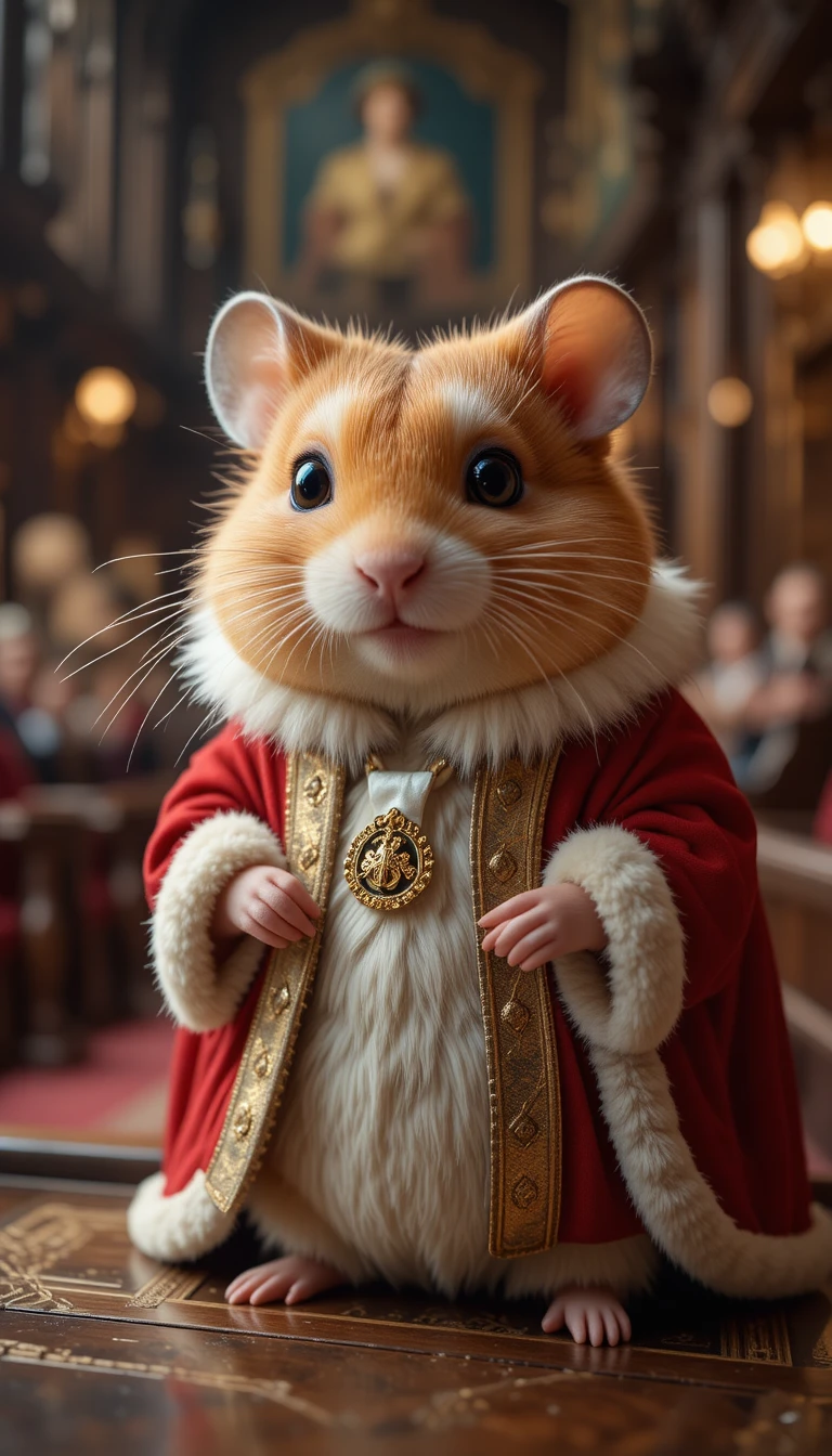Hamster heureux en robe d’hermine rouge dans la chambre du parlement