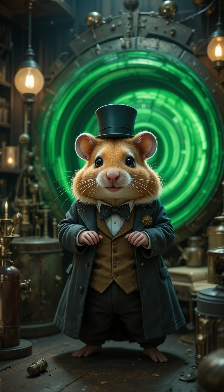 Hamster scientifique victorien à côté d’une machine à voyager dans le temps lumineuse