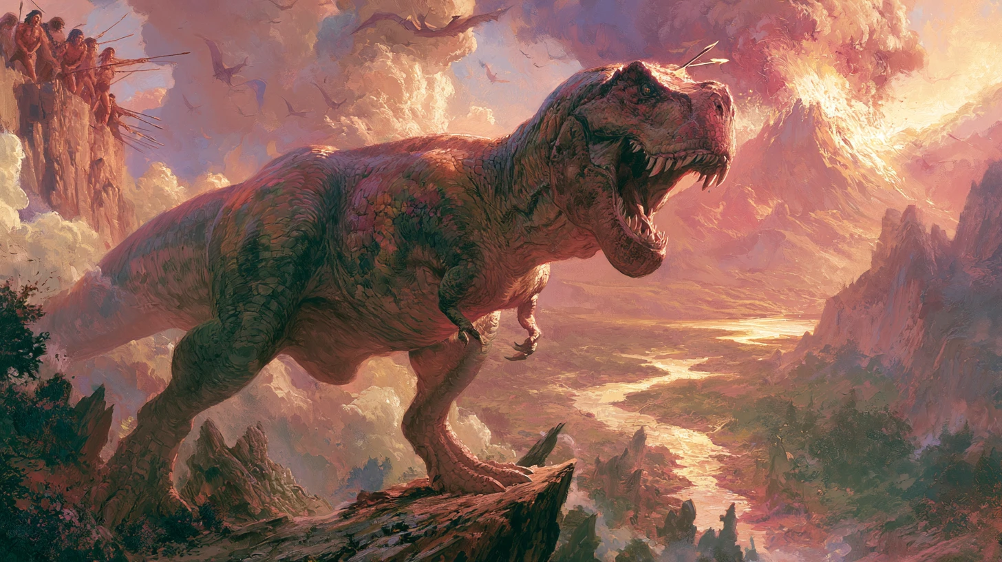 Dinossauro imponente rugindo sobre um vale vulcânico rochoso