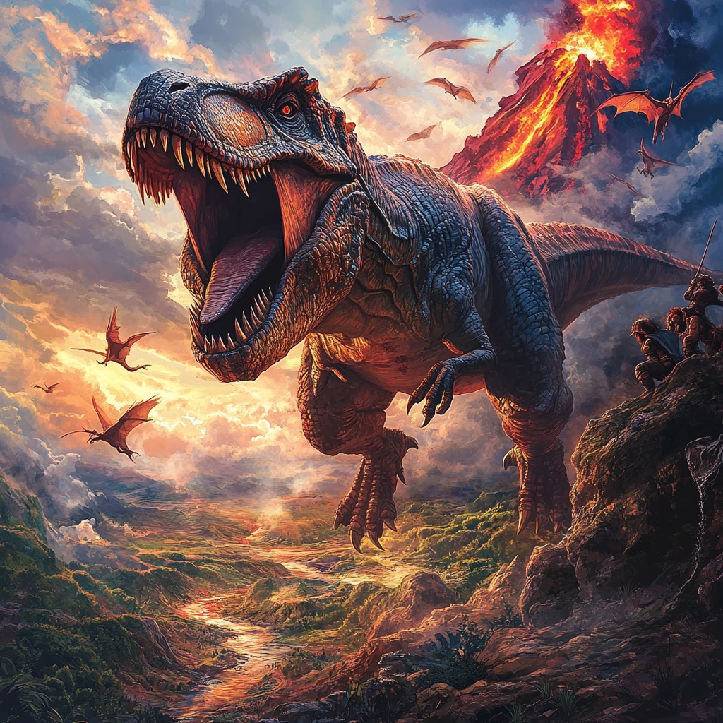 Tiranossauro rex rugindo em um penhasco rochoso sobre o vale