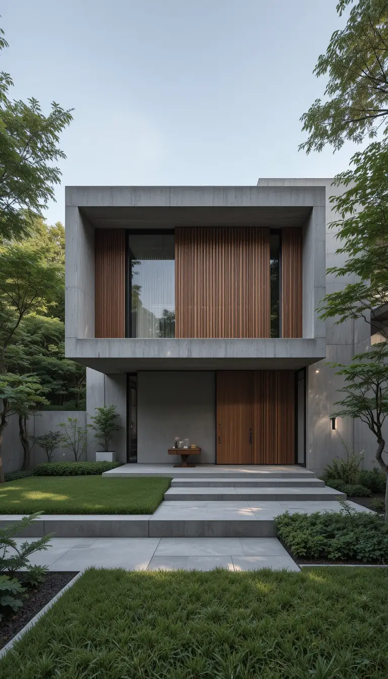 Casa giapponese moderna in cemento con legno caldo e giardino