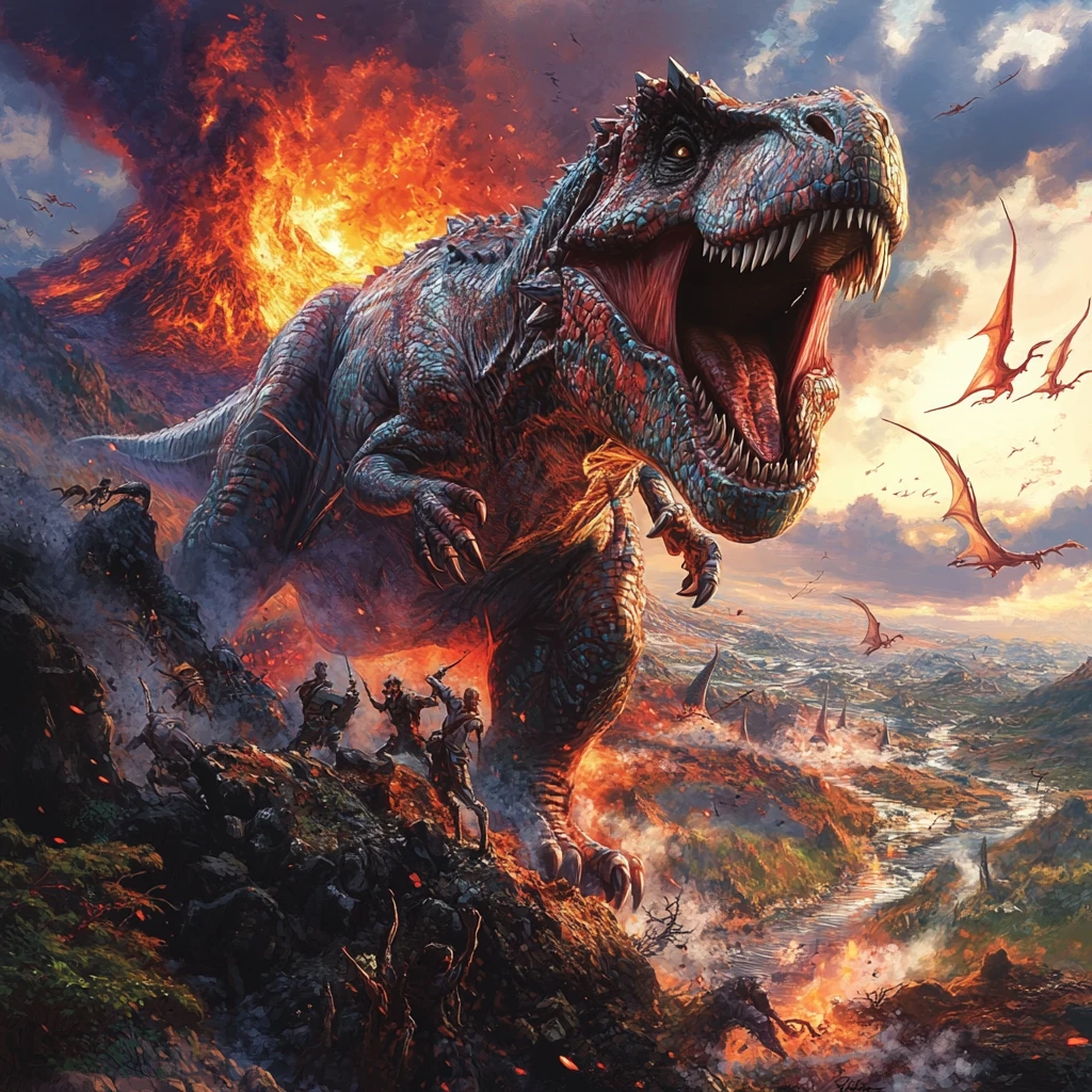 Riesiger Tyrannosaurus Rex überragt vulkanisches prähistorisches Tal
