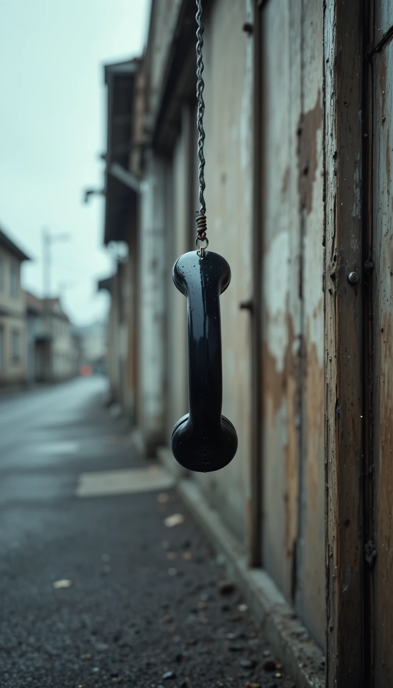 Monofone de telefone preto vintage pendurado em uma rua urbana