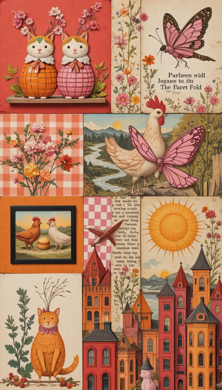 Collage fantaisiste en techniques mixtes avec étagère vichy et fleurs