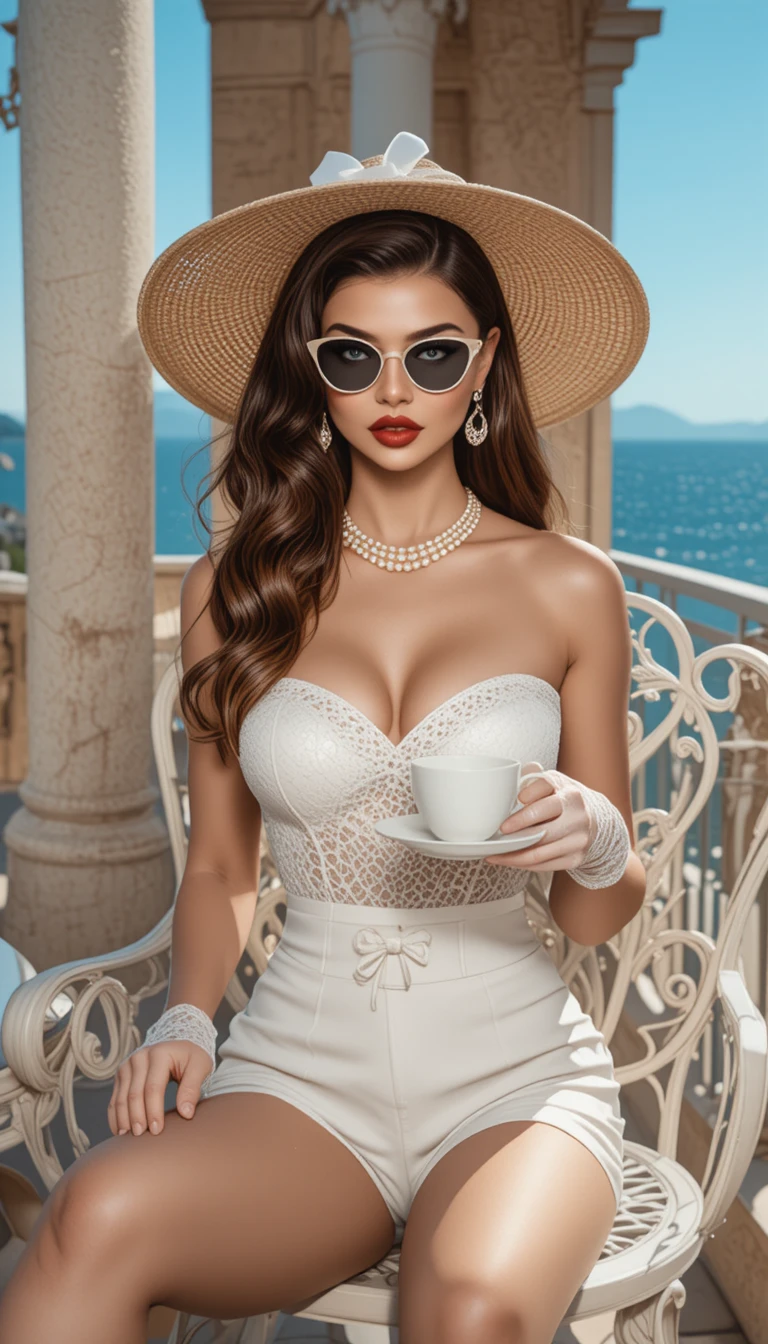 Femme élégante en blanc sur un balcon ensoleillé face à la mer