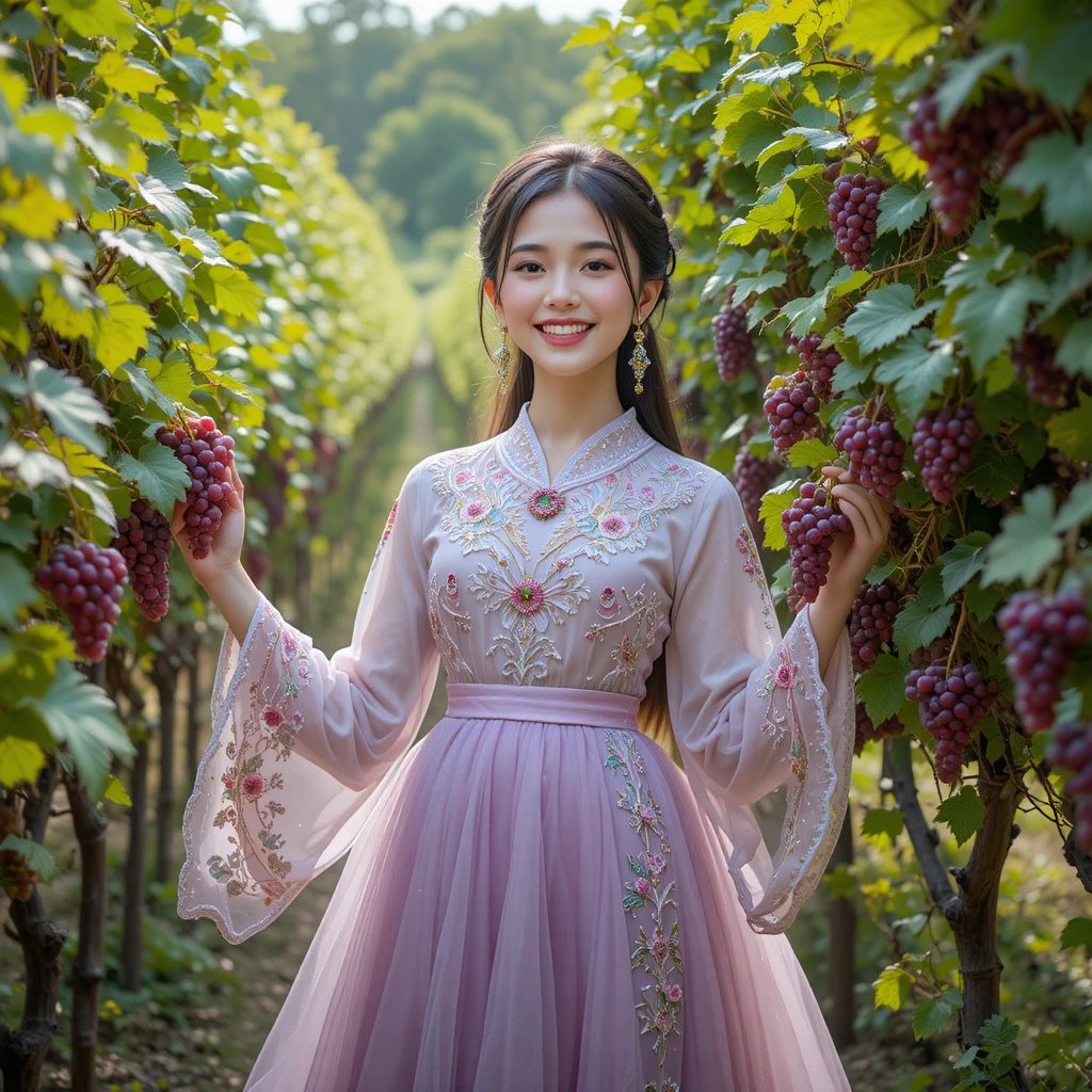 Garota sorridente em traje tradicional colhendo uvas no jardim