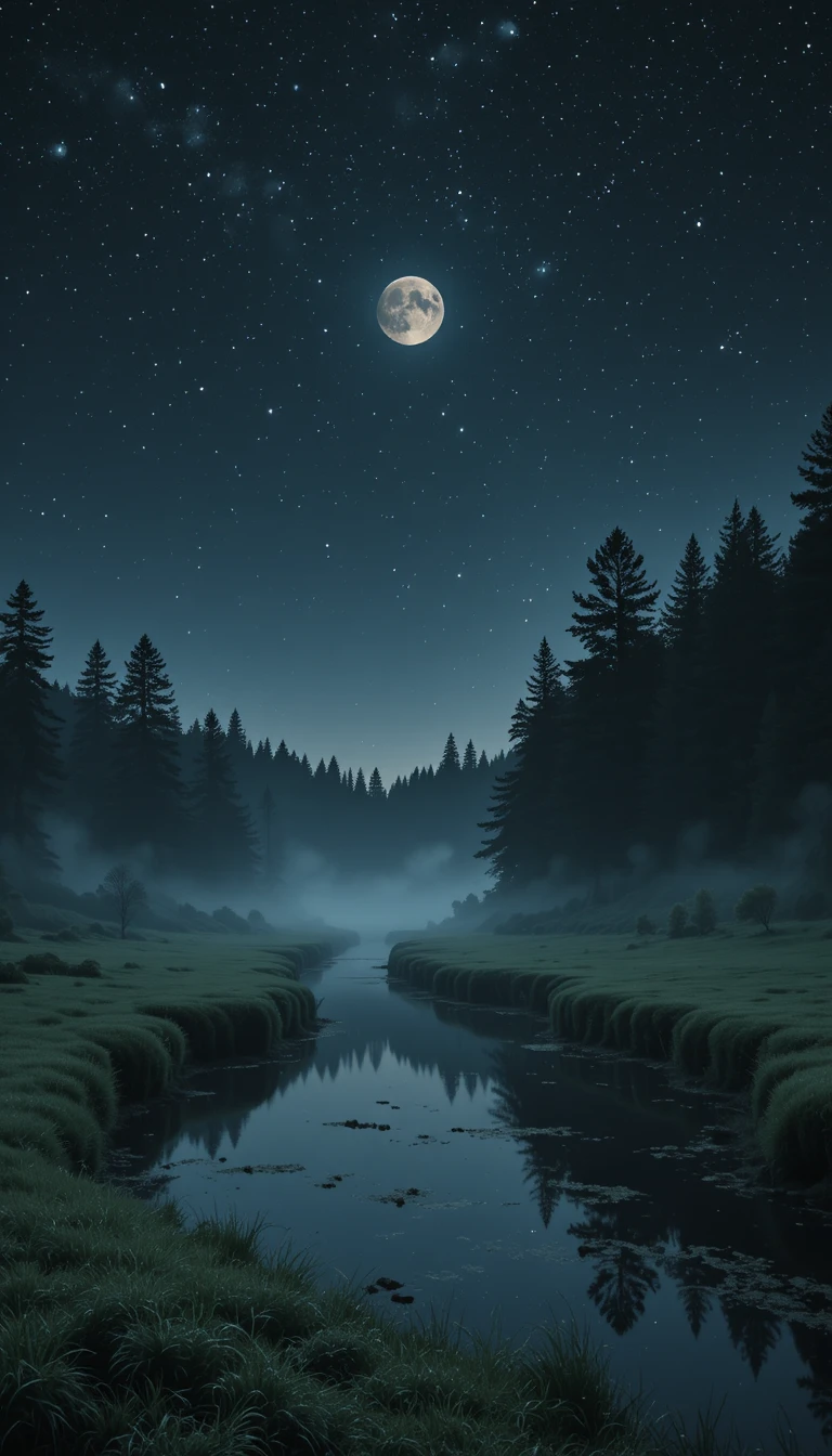Calmo fiume al chiaro di luna che serpeggia attraverso un prato silenzioso
