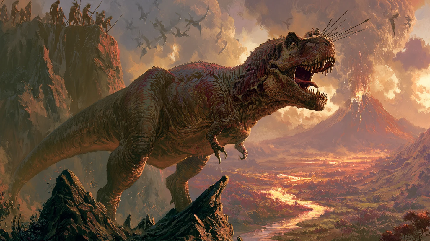 Tyrannosaurus rex rugindo sobre um vale vulcânico rochoso